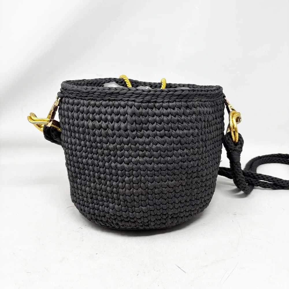 Saeli‎ Handmade Crochet Bucket Bag Charcoal Gray Drawstring Satin Lined Beaded